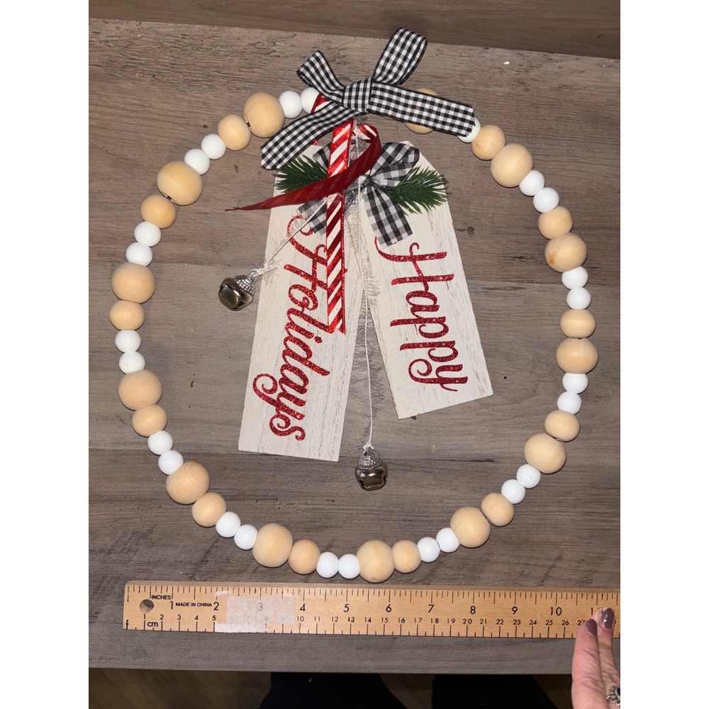 Rustic Beaded Christmas Wreath Happy Holidays Bell Decor
